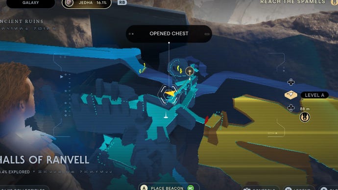 Star Wars Jedi Survivor screenshot showing the location of a chest in the Halls of Ranvell.