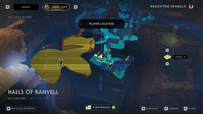 Star Wars Jedi Survivor screenshot showing the location of a chest in the Halls of Ranvell.