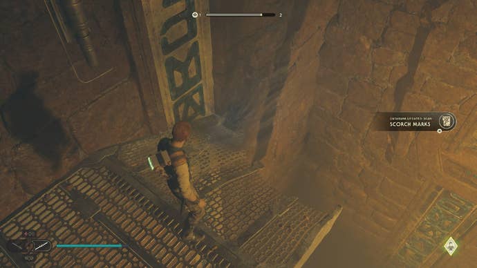 Star Wars Jedi Survivor screenshot showing Cal staring off the edge of a pit.