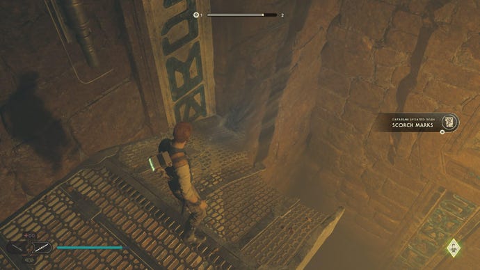 Star Wars Jedi Survivor screenshot showing Cal staring off the edge of a pit.