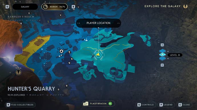 Star Wars Jedi Survivor screenshot showing Cal stood near the location of a Seed Pod on the map.