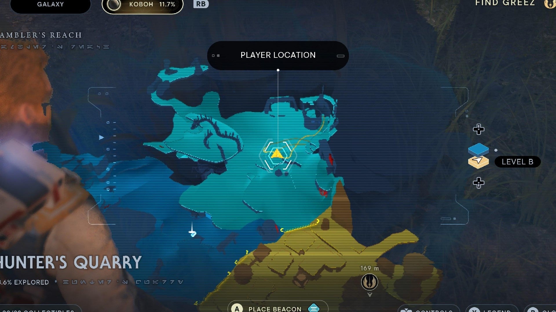 Star Wars Jedi Survivor screenshot showing Cal stood near the location of a Seed Pod on the map.