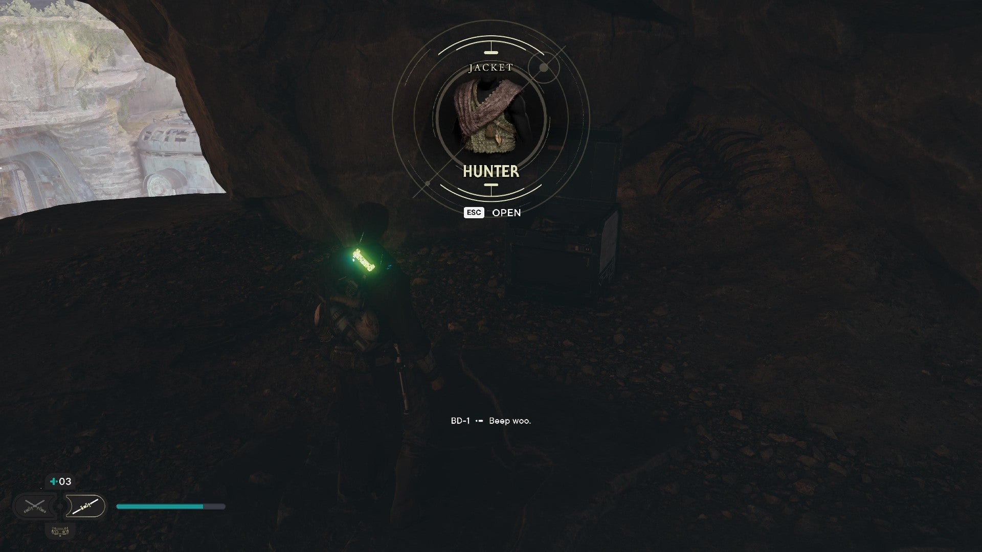 Star Wars Jedi Survivor screenshot showing Cal near an open chest, with a popup of a Hunter&rsquo;s jacket.