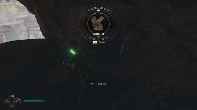 Star Wars Jedi Survivor screenshot showing Cal near an open chest, with a popup of a Hunter’s jacket.