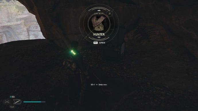 Star Wars Jedi Survivor screenshot showing Cal near an open chest, with a popup of a Hunter’s jacket.