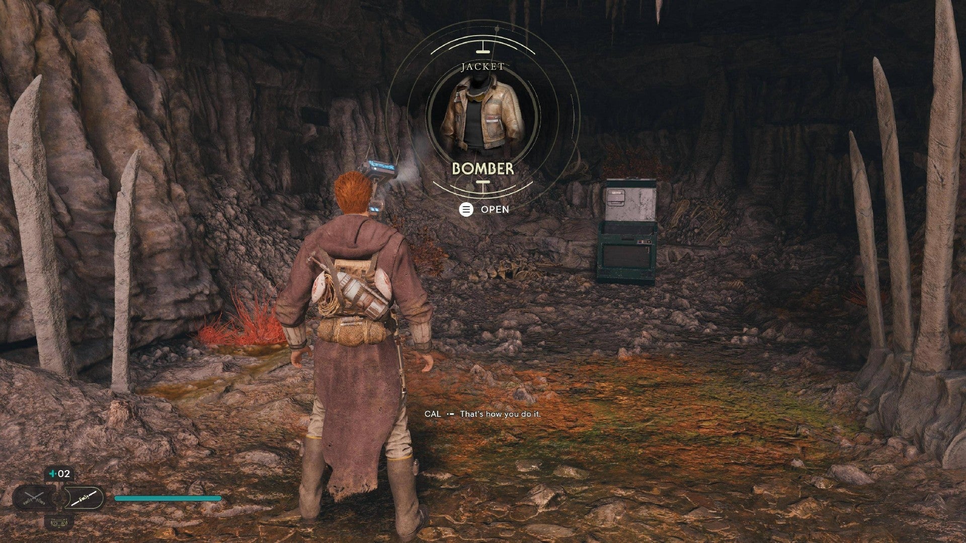 Star Wars Jedi Survivor screenshot showing Cal near an open chest, with a popup of a Bomber jacket.