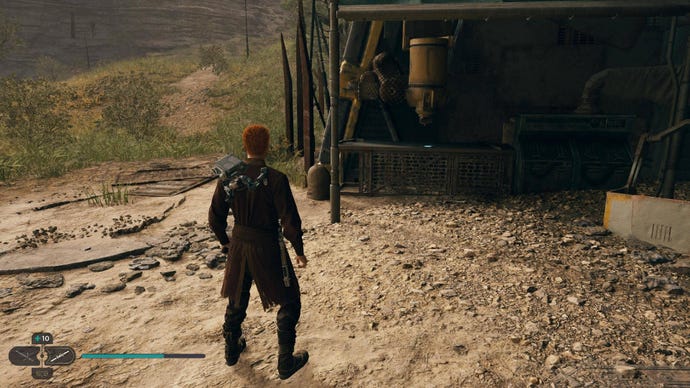 Star Wars Jedi Survivor screenshot showing Cal stood near a scannable device on a table.