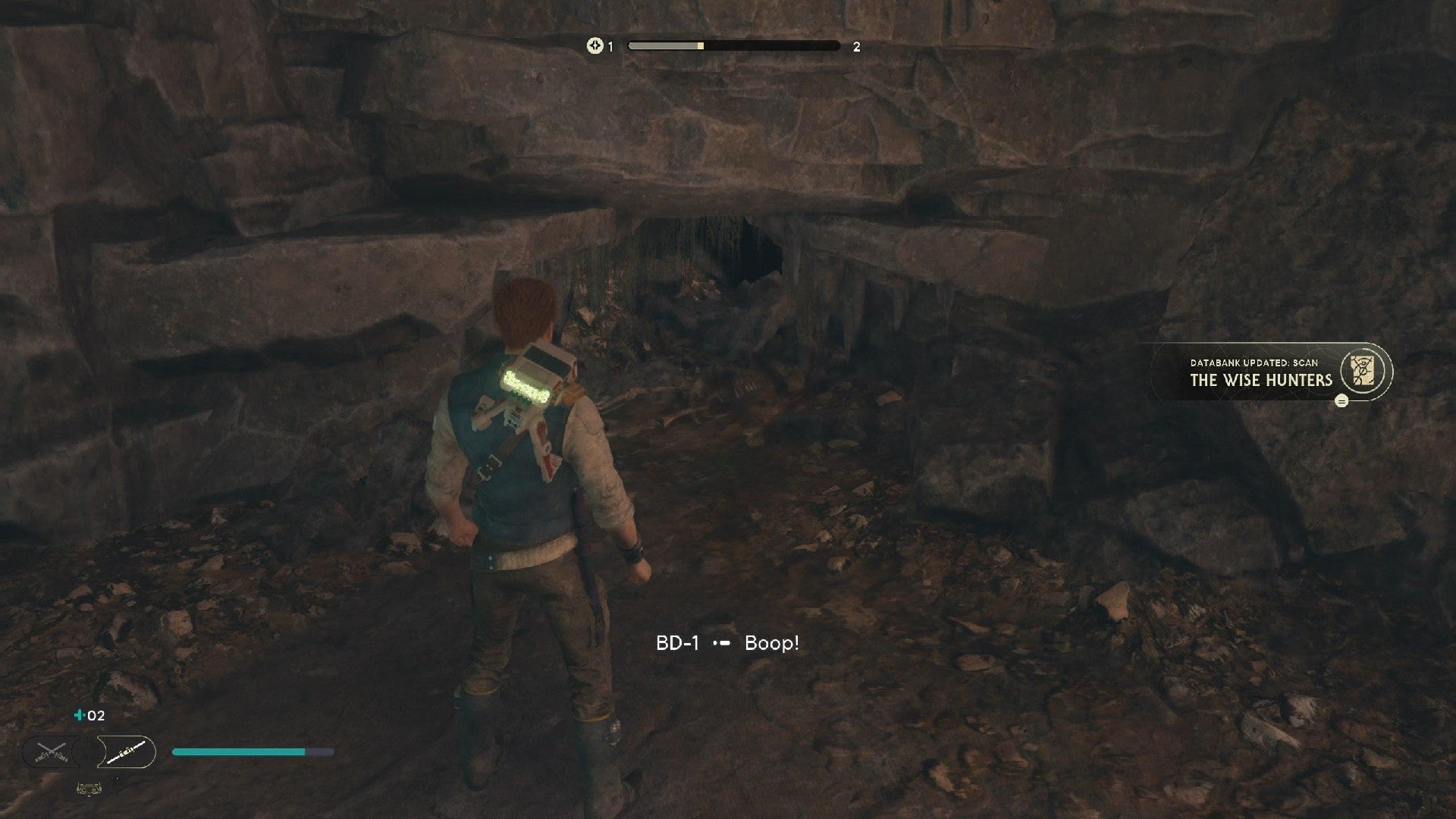 Star Wars Jedi Survivor screenshot showing Cal stood near a Databank scan point.