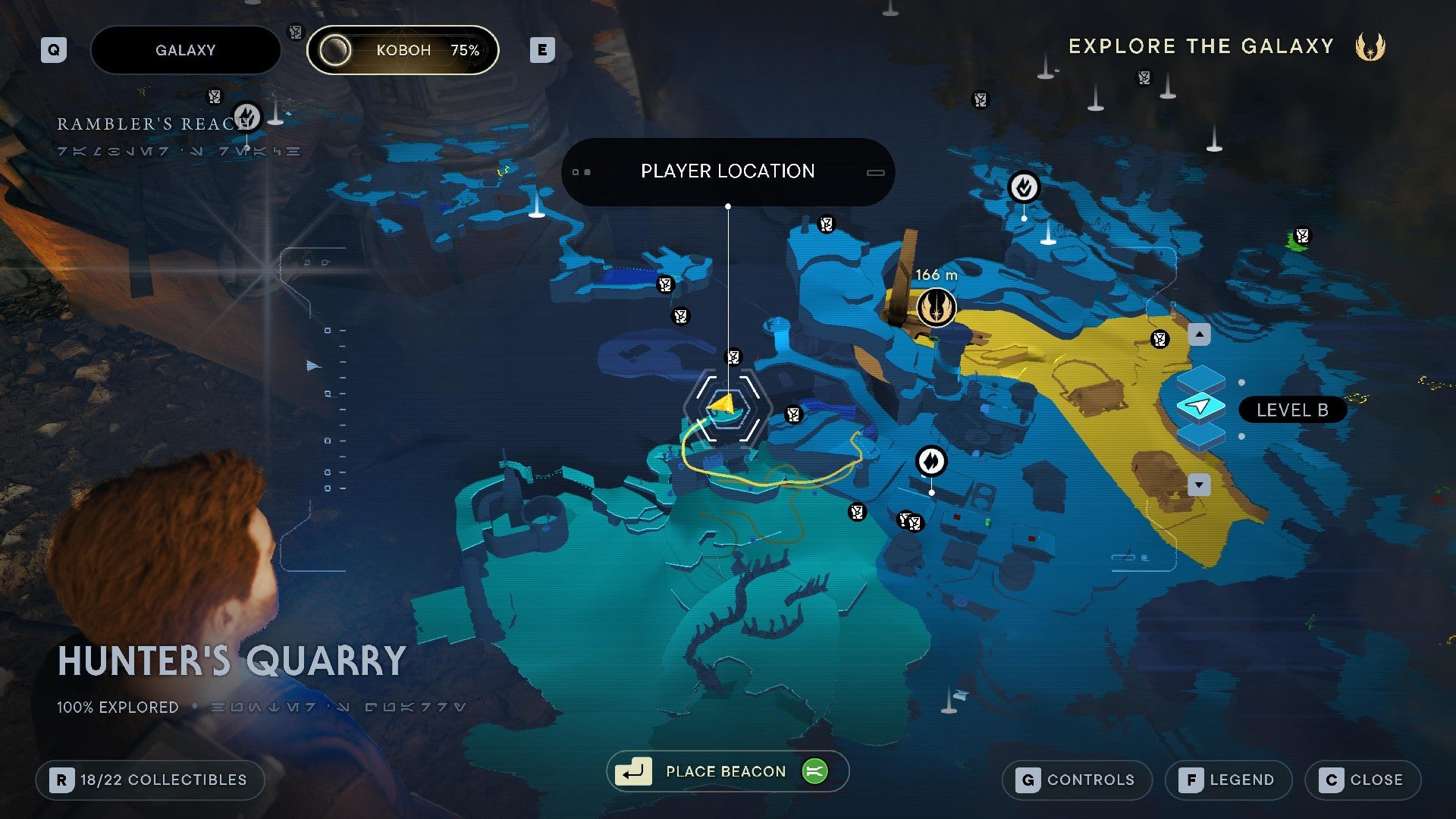 Star Wars Jedi Survivor screenshot showing Cal stood near the location of a Datadisc on the map.