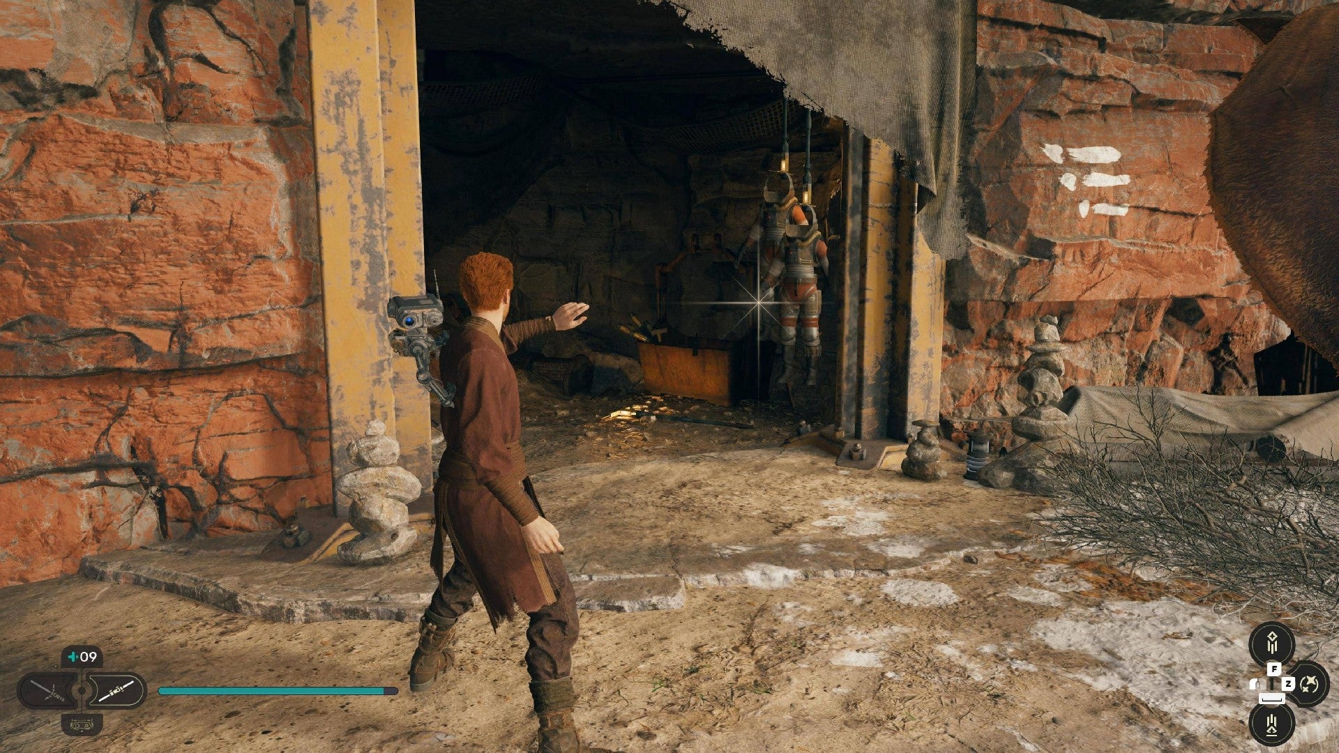 Star Wars Jedi Survivor screenshot showing Cal stood near a glowing Datadisc.