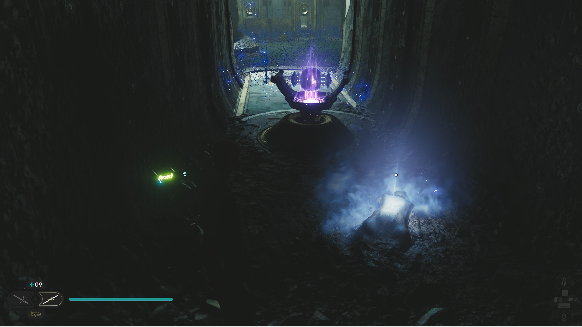 Star Wars Jedi Survivor screenshot showing Cal stood near a glowing blue Force Echo.