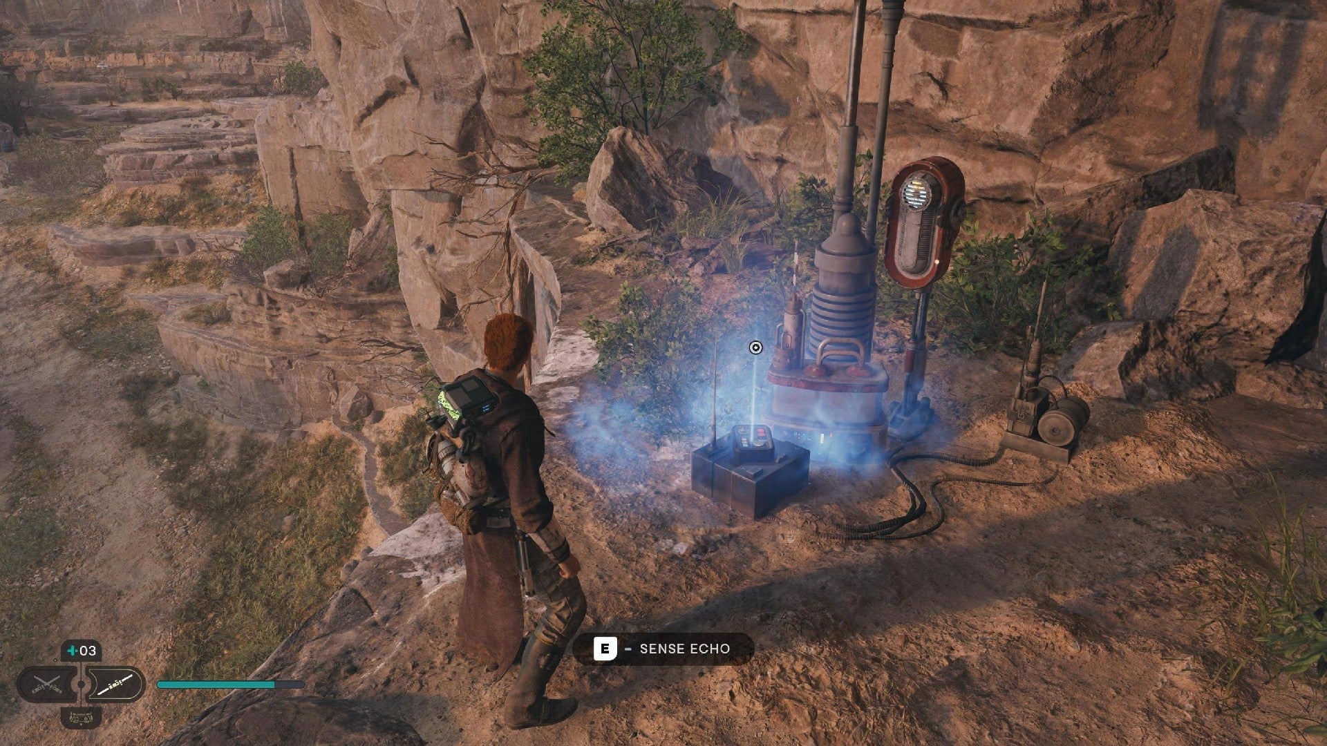 Star Wars Jedi Survivor screenshot showing Cal stood near a glowing blue Force Echo.