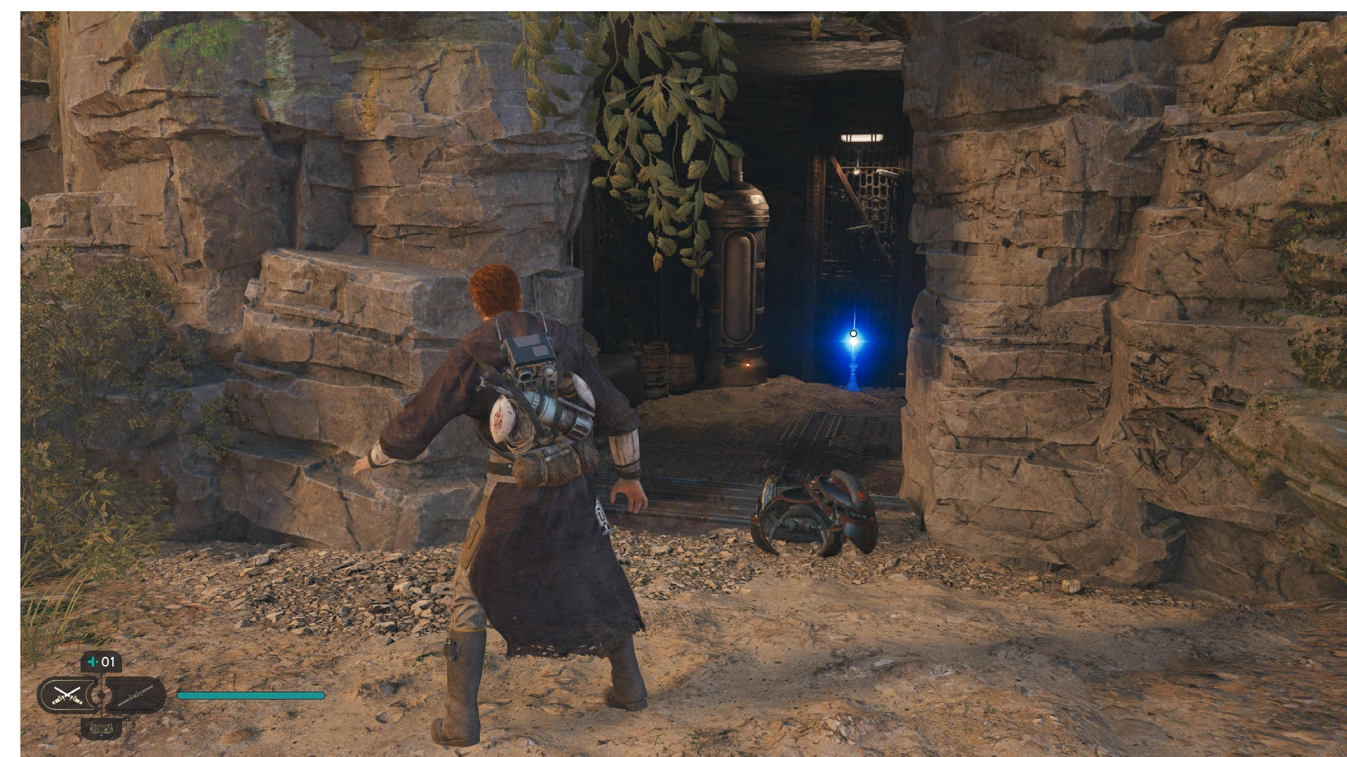 Star Wars Jedi Survivor screenshot showing Cal stood near a Force Essence that&rsquo;s in a rocky tunnel.