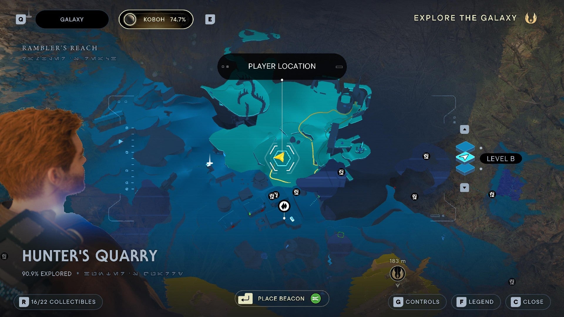 Star Wars Jedi Survivor screenshot showing Cal stood near the location of a Seed Pod on the map.