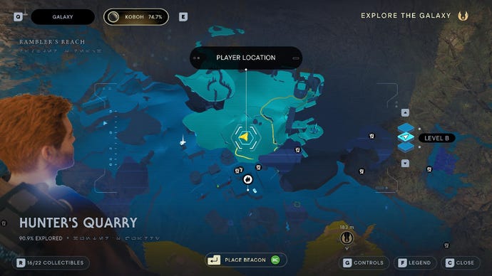 Star Wars Jedi Survivor screenshot showing Cal stood near the location of a Seed Pod on the map.