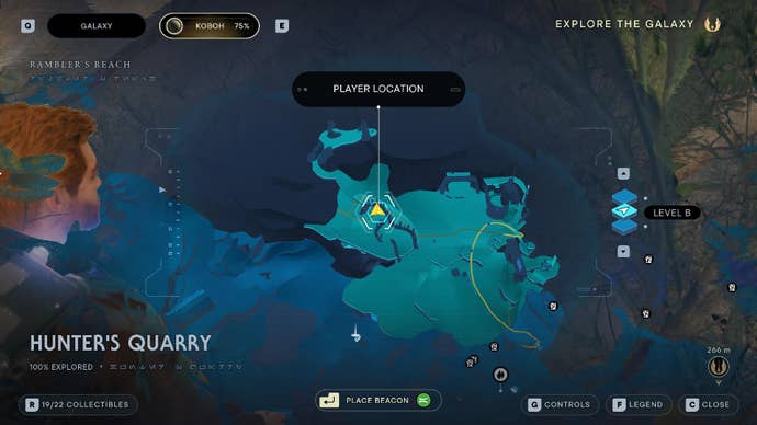 Star Wars Jedi Survivor screenshot showing Cal stood near the location of a Seed Pod on the map.