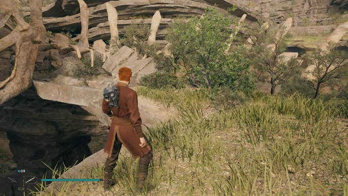 Star Wars Jedi Survivor screenshot showing Cal stood near a glowing plant.