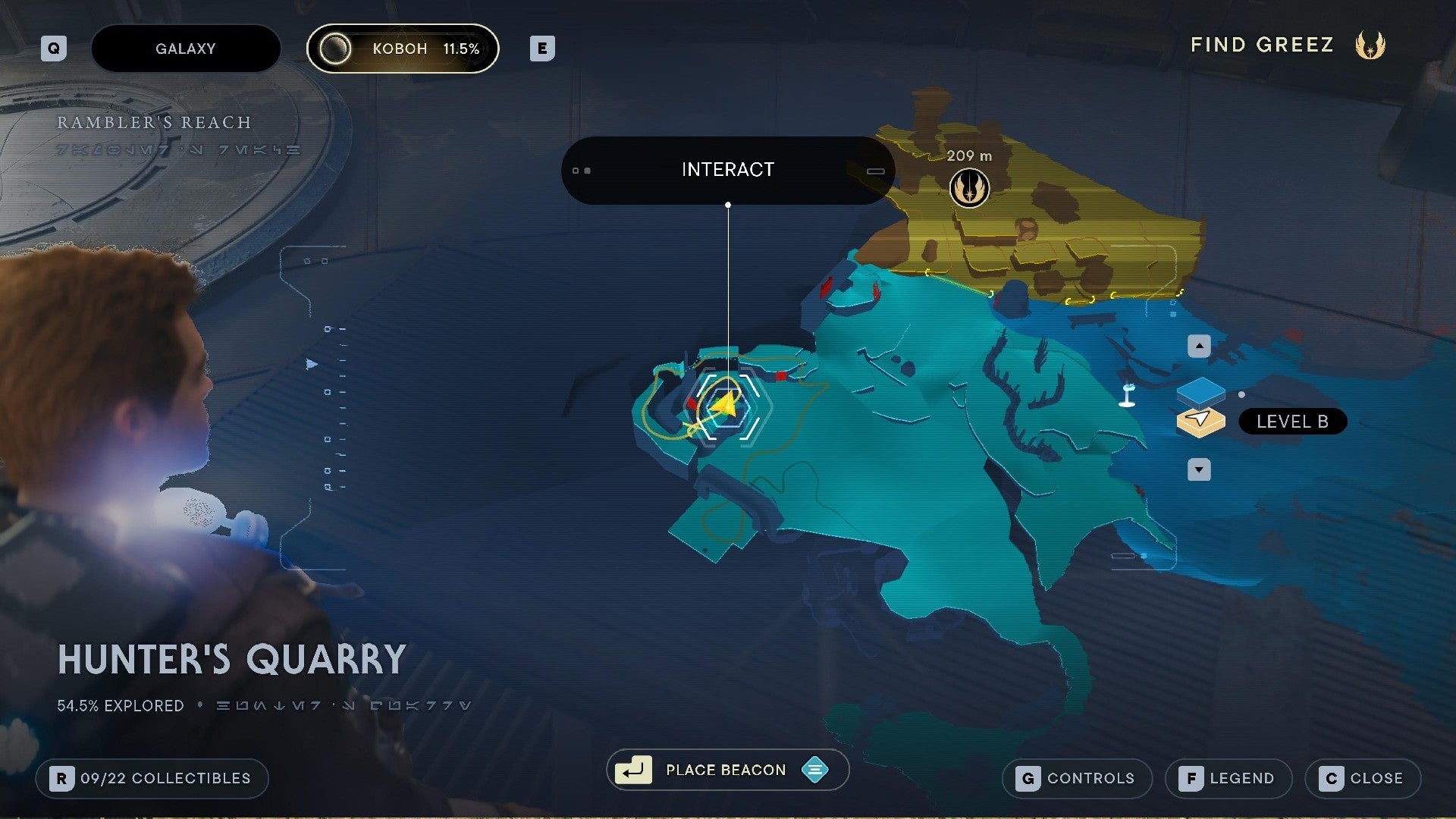 Star Wars Jedi Survivor screenshot showing Cal stood near the location of a Priorite Shard on the map.