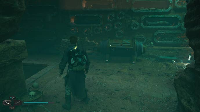 Star Wars Jedi Survivor screenshot showing Cal Kestis staring at a Stim Canister in a hazy green room.