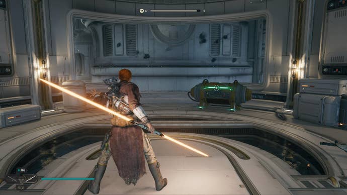 Cal Kestis stood facing a Stim Canister and wielding a dual-bladed orange lightsaber.