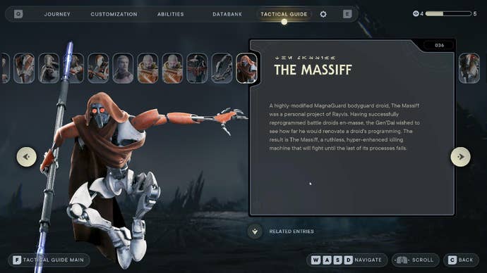 Star Wars Jedi Survivor screenshot showing the databank entry of The Massiff, a modified Magnaguard.