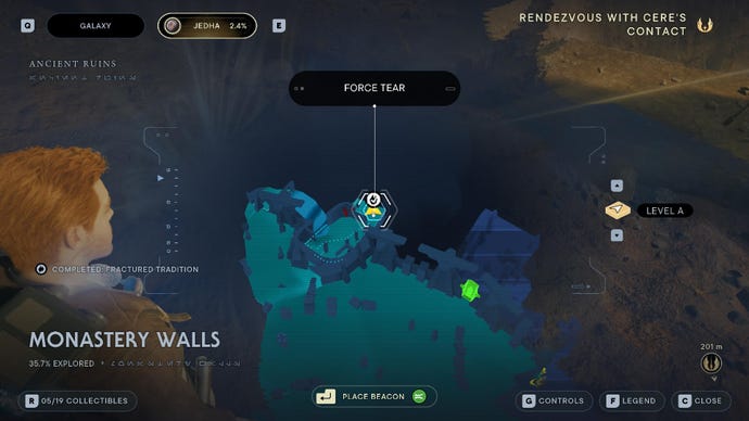 Star Wars Jedi Survivor screenshot showing the location of a Force Tear on the map.
