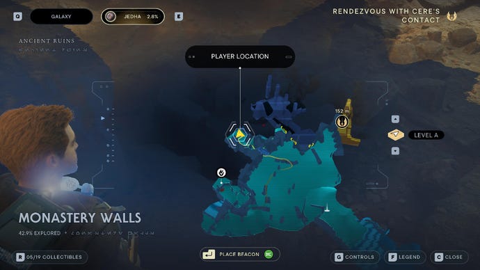 Star Wars Jedi Survivor screenshot showing the location of a treasure on the map of Monastery Walls.