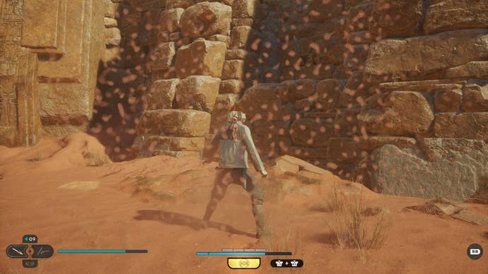 Star Wars Jedi Survivor screenshot showing Cal stood near a Jedha Scroll on a sandy ledge.