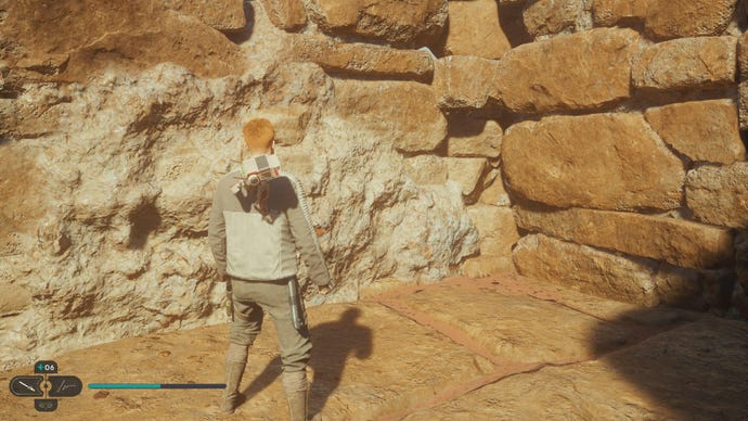Star Wars Jedi Survivor screenshot showing Cal stood near a Jedha Scroll on a sandy ledge.