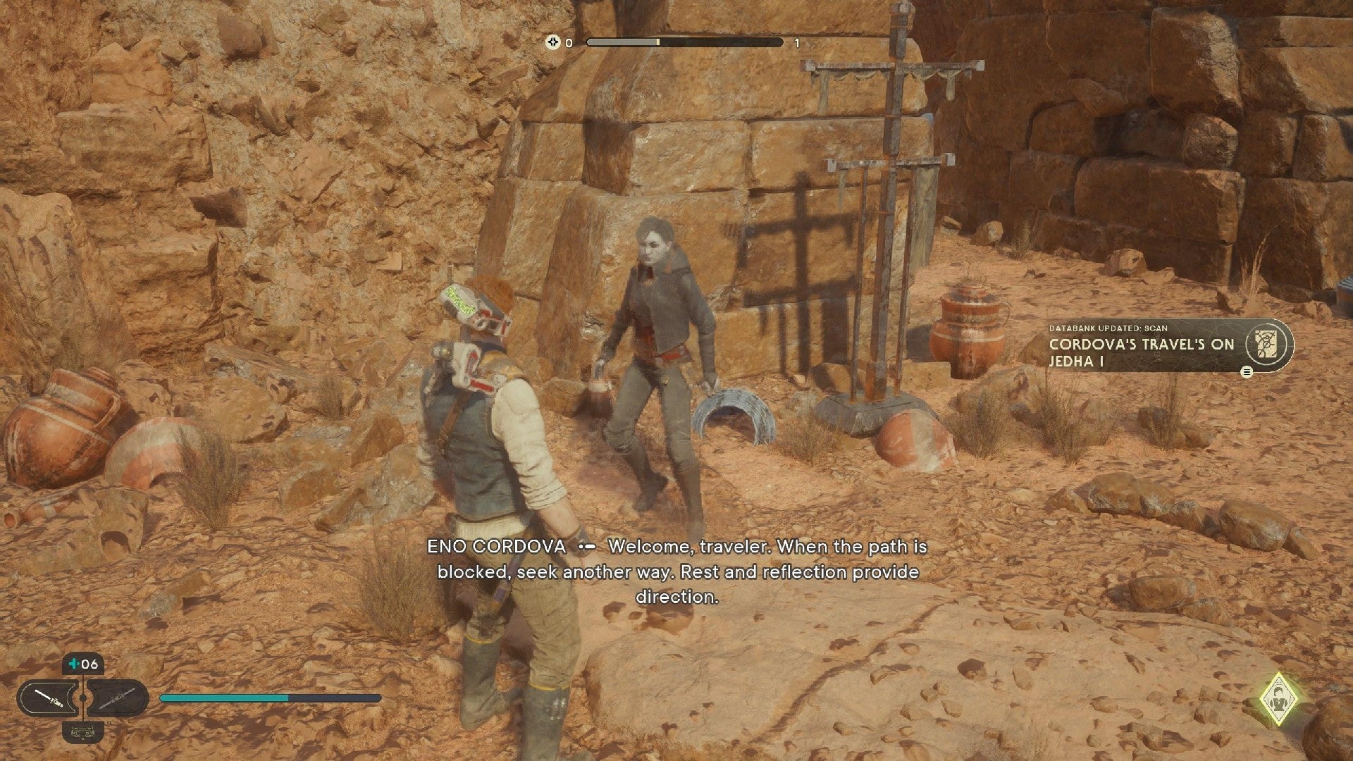 Star Wars Jedi Survivor screenshot showing Cal and Merrin finding a scan point.