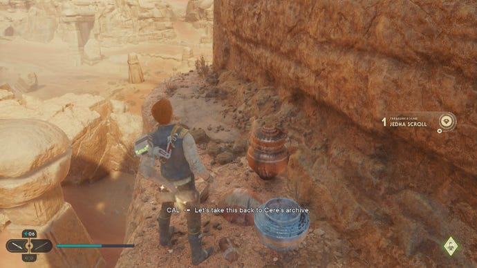 Star Wars Jedi Survivor screenshot showing Cal stood by some jars on a craggy ridge overlooking the desert.