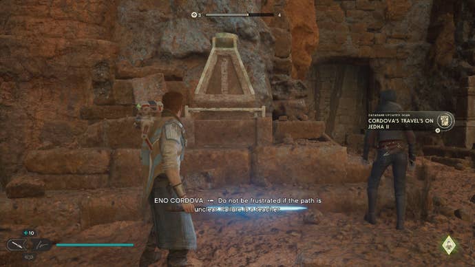 Star Wars Jedi Survivor screenshot showing Cal stood near a databank scan point with Merrin to his side. Cal wields a blue lightsaber.