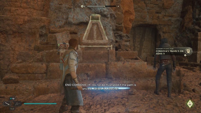 Star Wars Jedi Survivor screenshot showing Cal stood near a databank scan point with Merrin to his side. Cal wields a blue lightsaber.