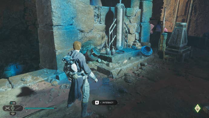 Star Wars Jedi Survivor screenshot showing Cal stood next to a glowing Jedha Scroll in some ruins.