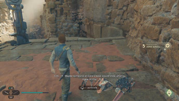 Star Wars Jedi Survivor screenshot showing Cal stood next to a destroyed Scavenger Droid on Jedha.