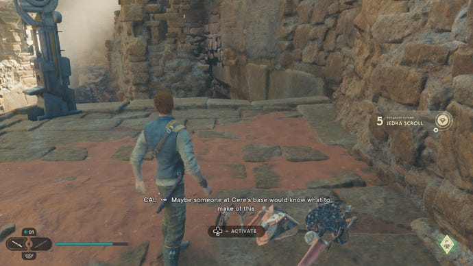 Star Wars Jedi Survivor screenshot showing Cal stood next to a destroyed Scavenger Droid on Jedha.