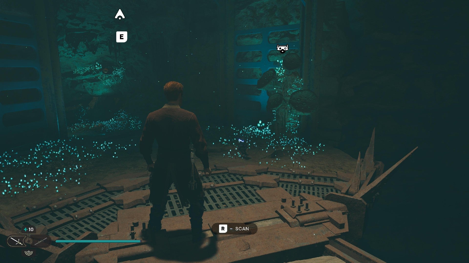 Star Wars Jedi Survivor screenshot showing Cal stood in a dark tunnel.