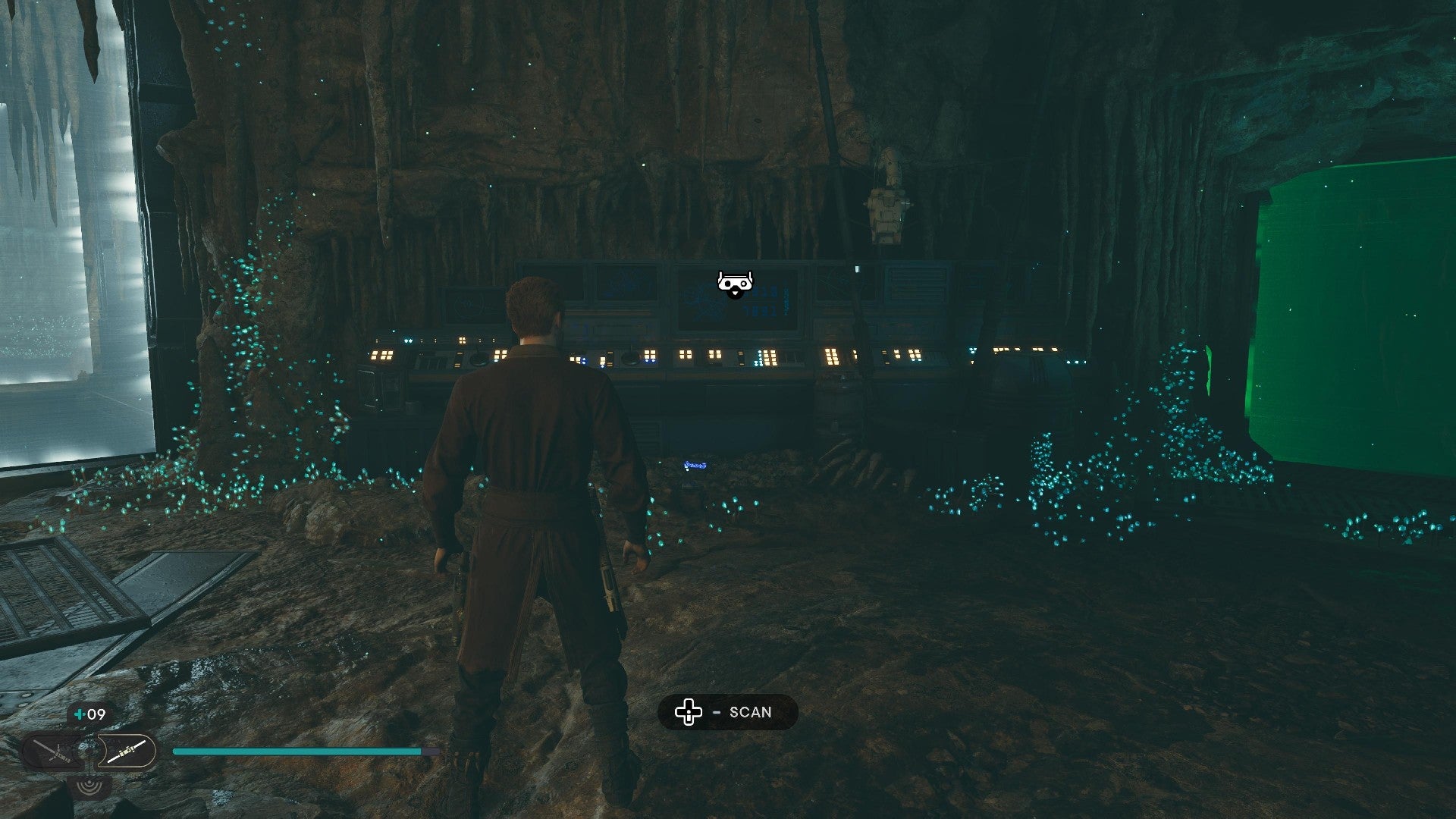 Star Wars Jedi Survivor screenshot showing Cal stood in a dark tunnel.