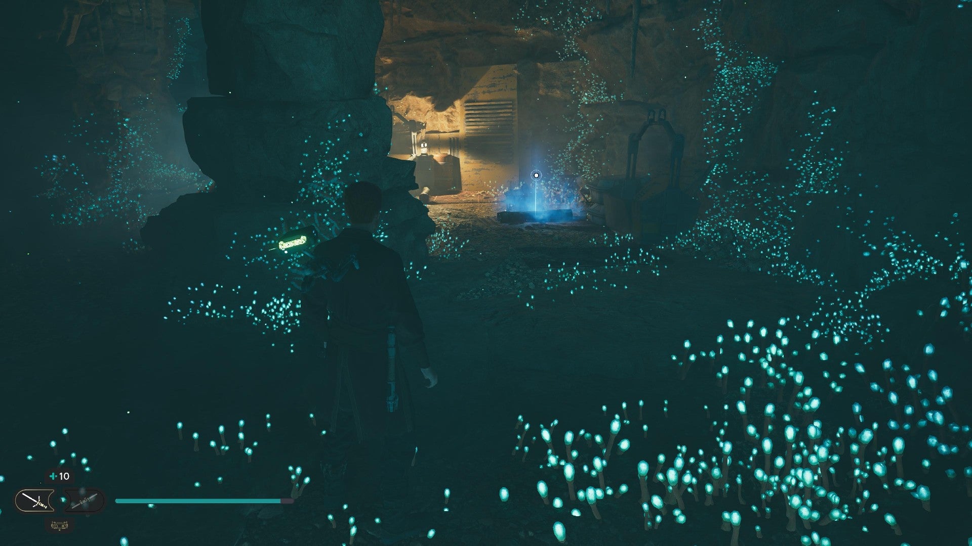 Star Wars Jedi Survivor screenshot showing Cal stood in a dark tunnel.