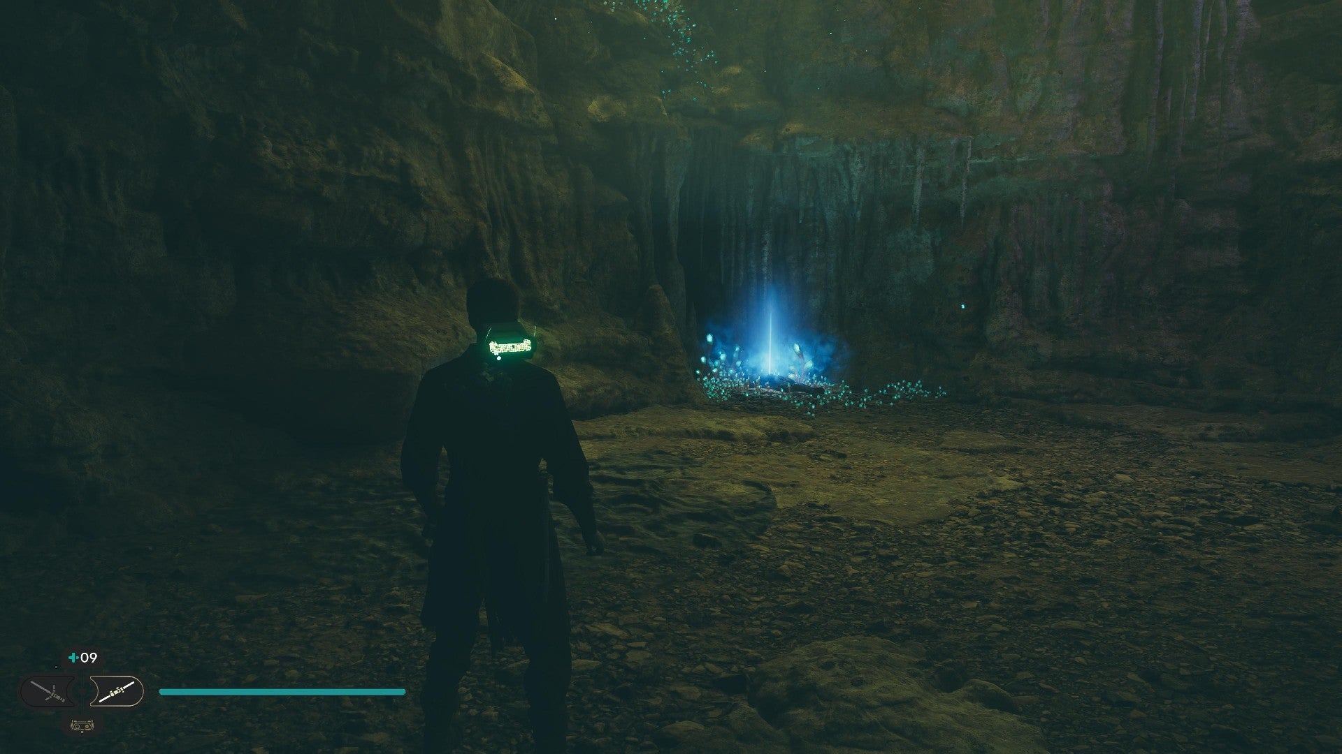 Star Wars Jedi Survivor screenshot showing Cal stood in a dark tunnel.