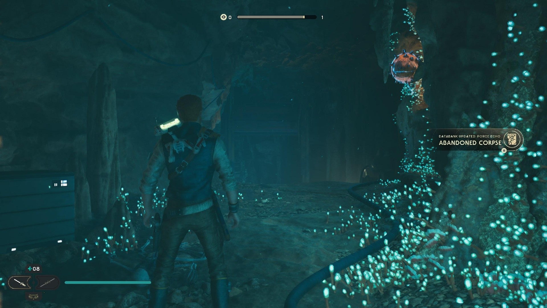 Star Wars Jedi Survivor screenshot showing Cal stood in a dark tunnel.