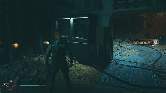 Star Wars Jedi Survivor screenshot showing Cal stood in a dark tunnel.