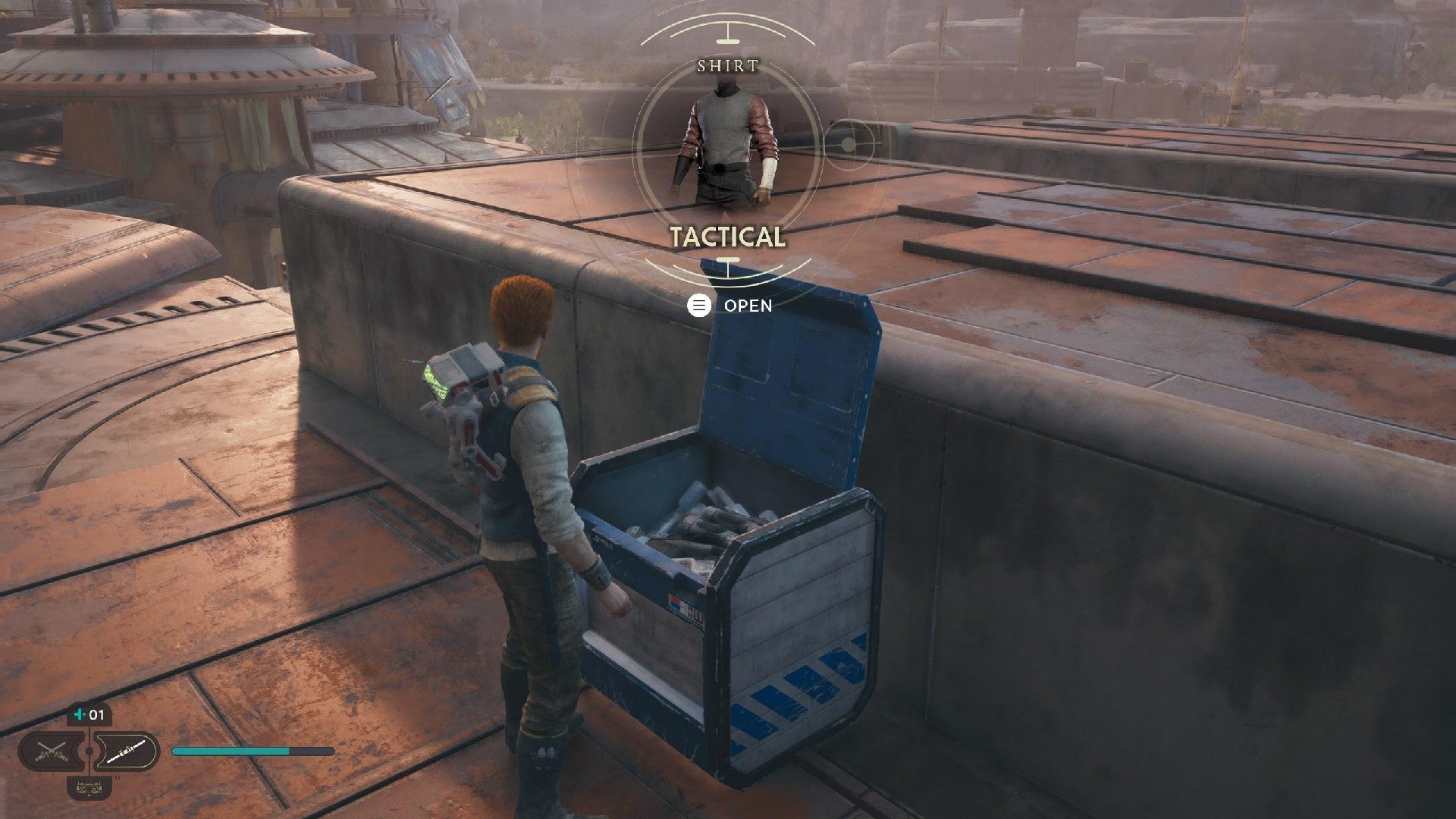 Star Wars Jedi Survivor screenshot showing Cal stood near a chest.