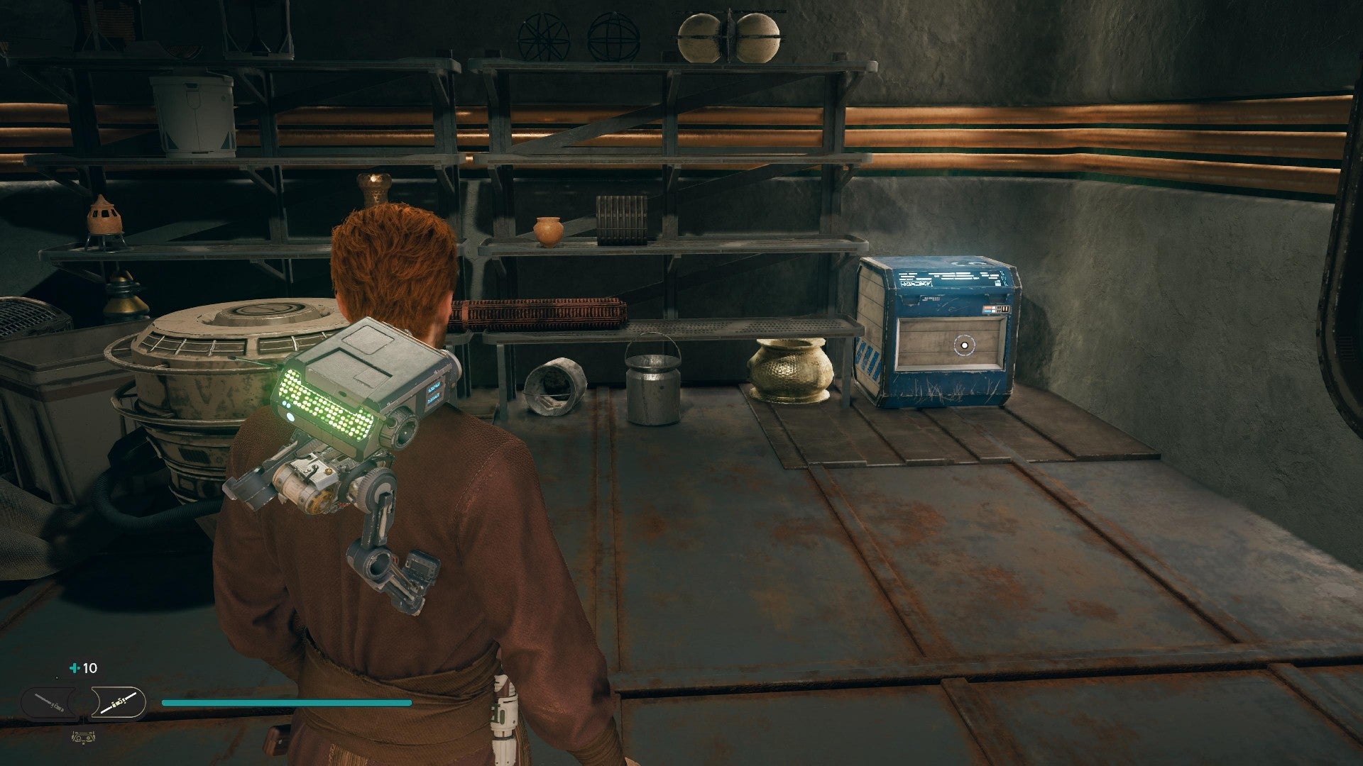 Star Wars Jedi Survivor screenshot showing Cal stood near a chest.