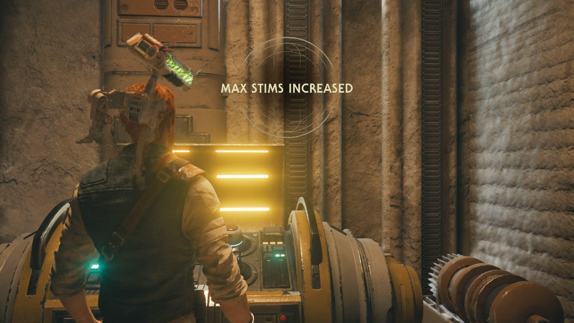 Star Wars Jedi Survivor screenshot showing Cal stood near a Stim Canister chest.