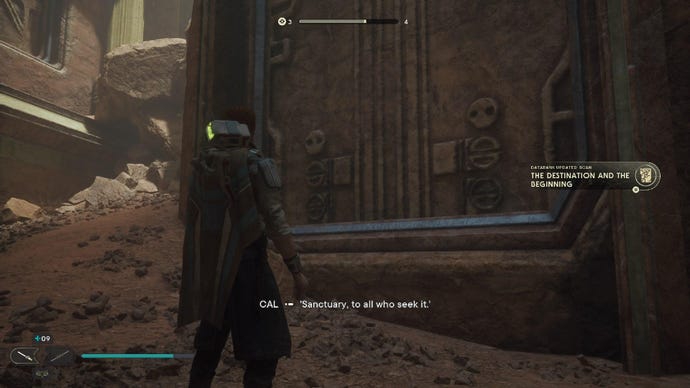 Star Wars Jedi: Survivor screenshot showing Cal stood by a mural painted on a wall, on a desert slope.