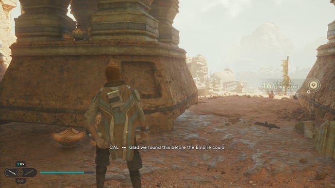 Star Wars Jedi: Survivor screenshot showing Cal stood by some pans scattered about on the Sanctuary Temple ledge.