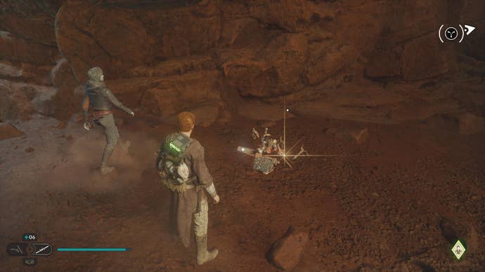 Star Wars Jedi Survivor screenshot showing Cal and Merrin stood by a destroyed Scavenger Droid.