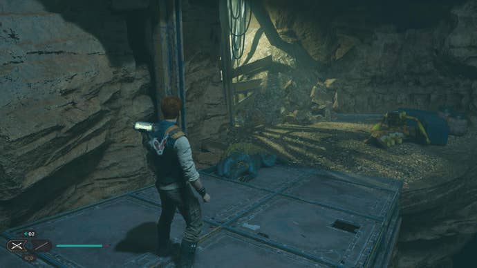 Star Wars Jedi Survivor screenshot showing Cal stood near a Databank scan point.