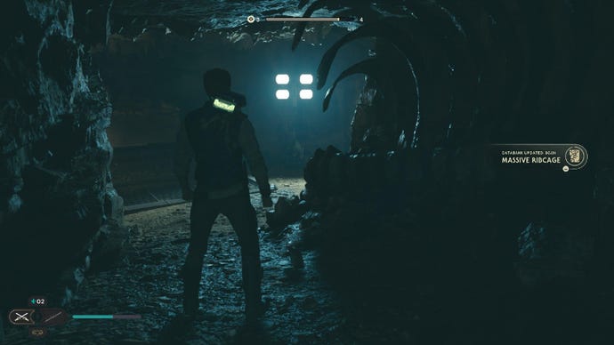 Star Wars Jedi Survivor screenshot showing Cal stood near a Databank scan point.